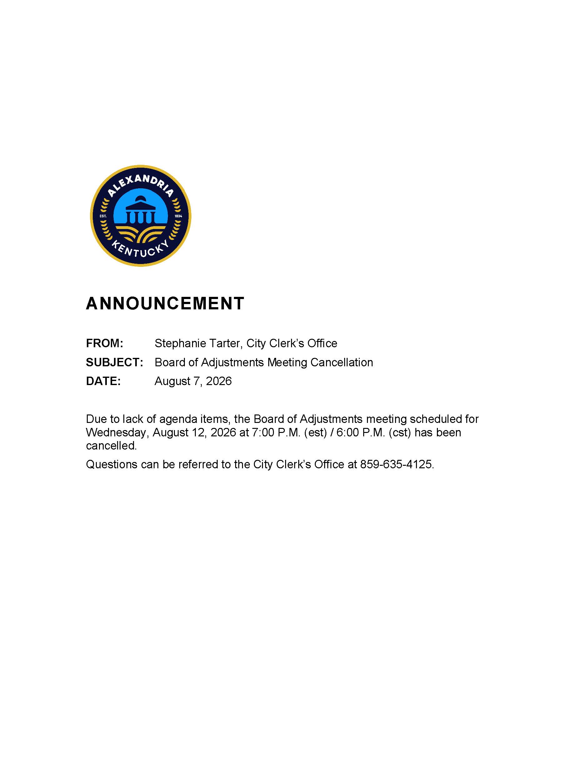 August 12, 2026 Board of Adjustment Cancellation Notice