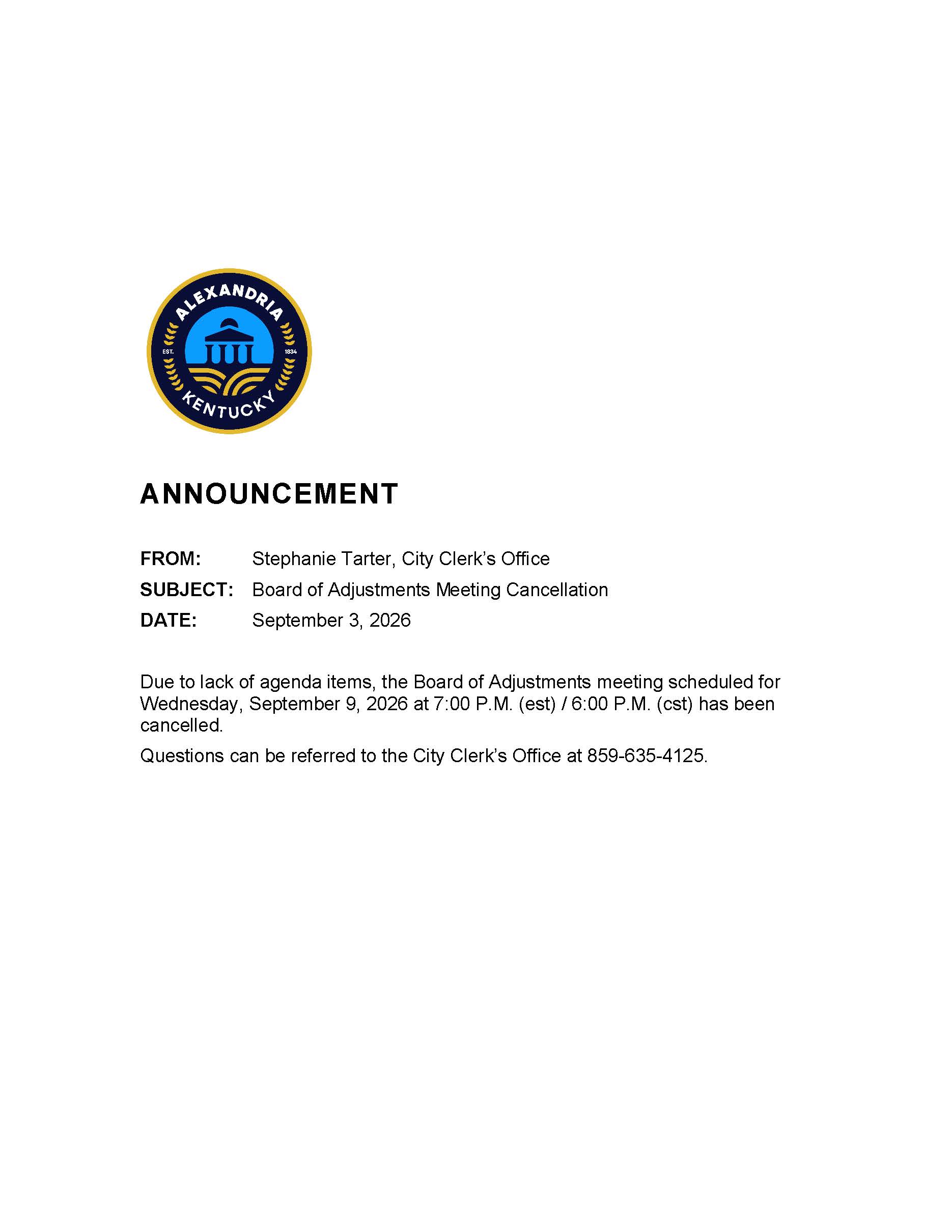 September 9, 2025 Board of Adjustment Cancellation Notice