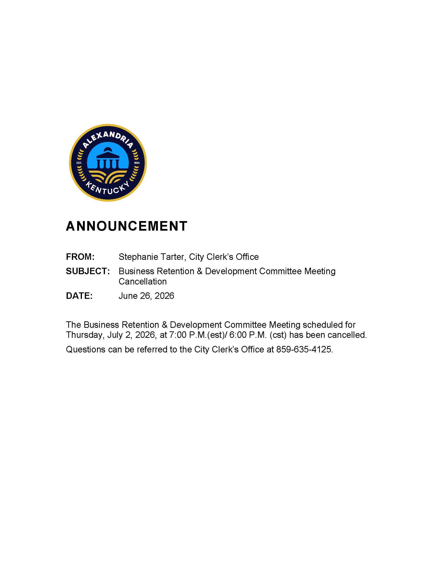 July 1, 2026 Business Retention & Development Committee Cancellation Notice