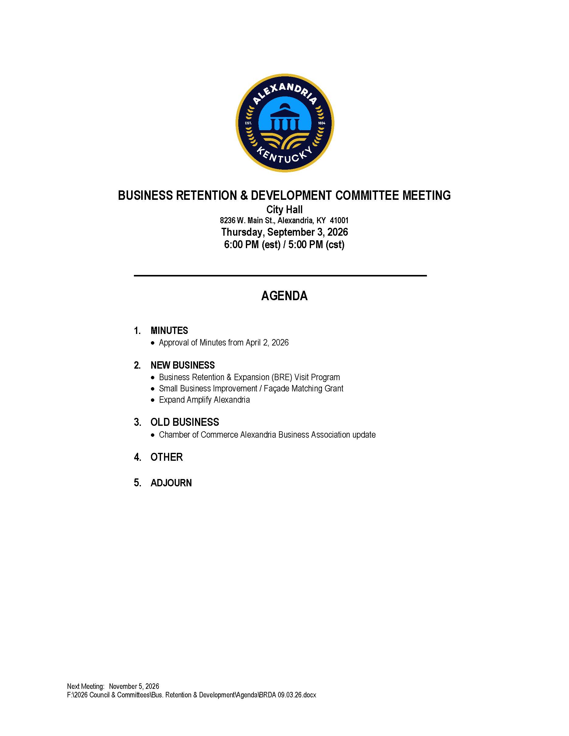 September 3, 2026 Business Retention & Development Committee Agenda
