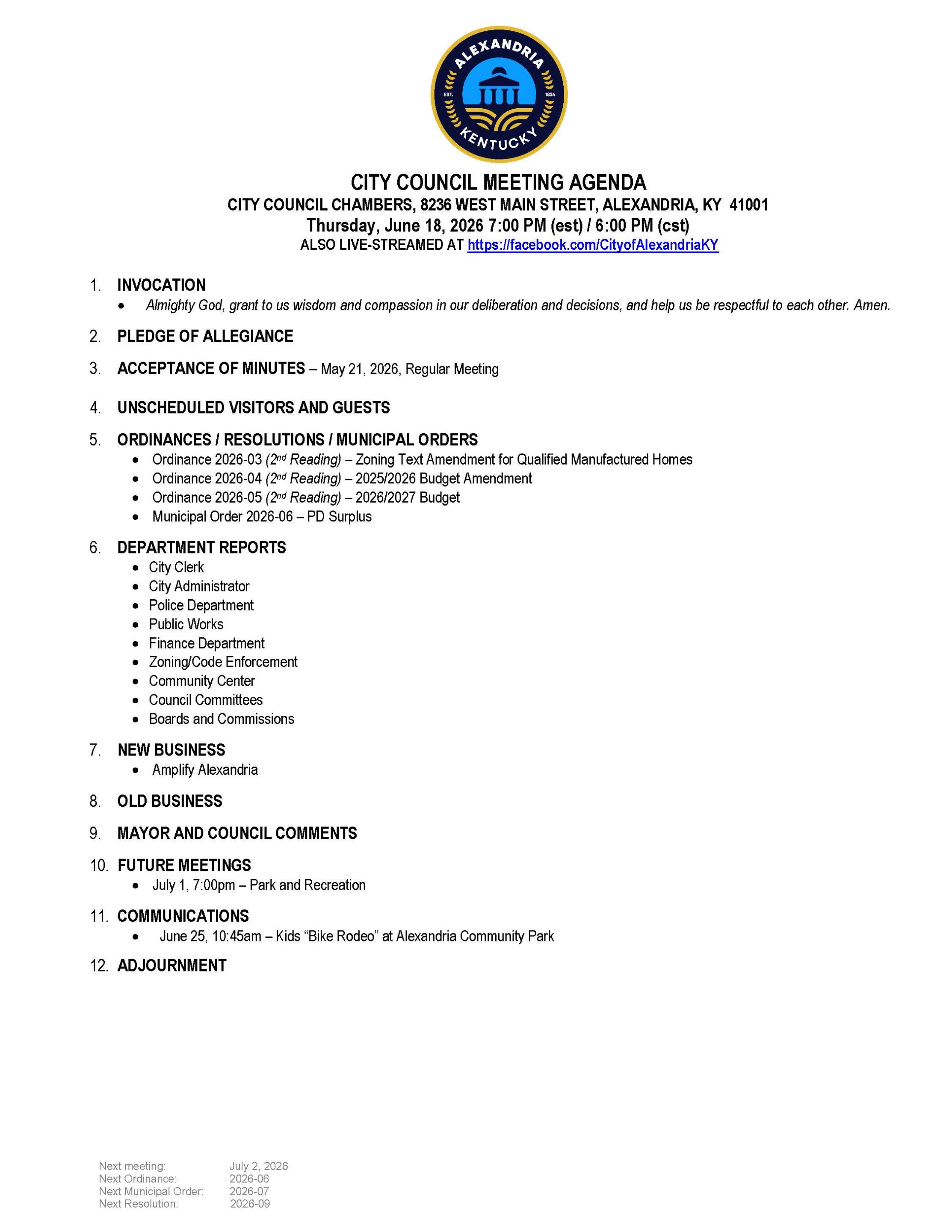 June 18, 2026 City Council Meeting Agenda