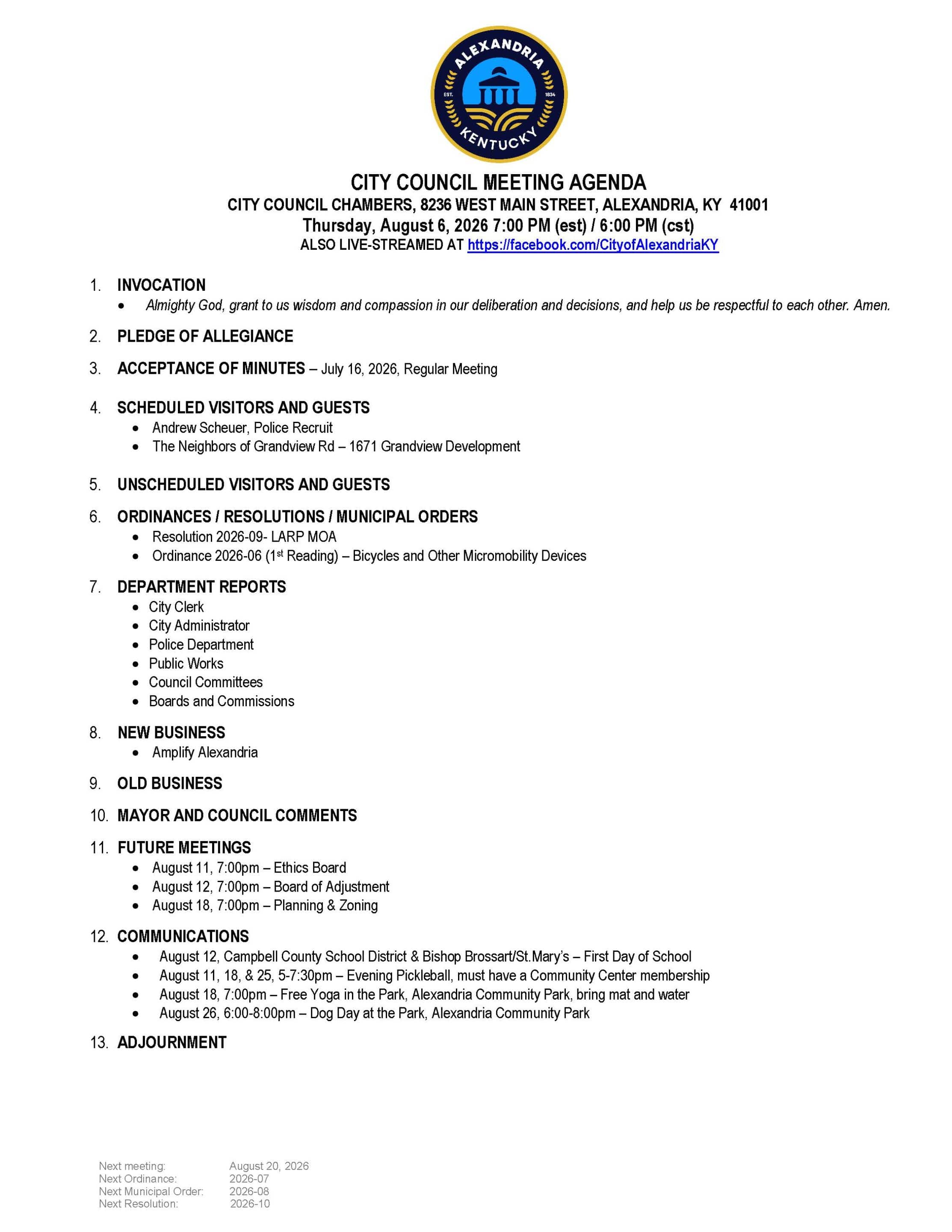 August 6, 2026 City Council Meeting Agenda