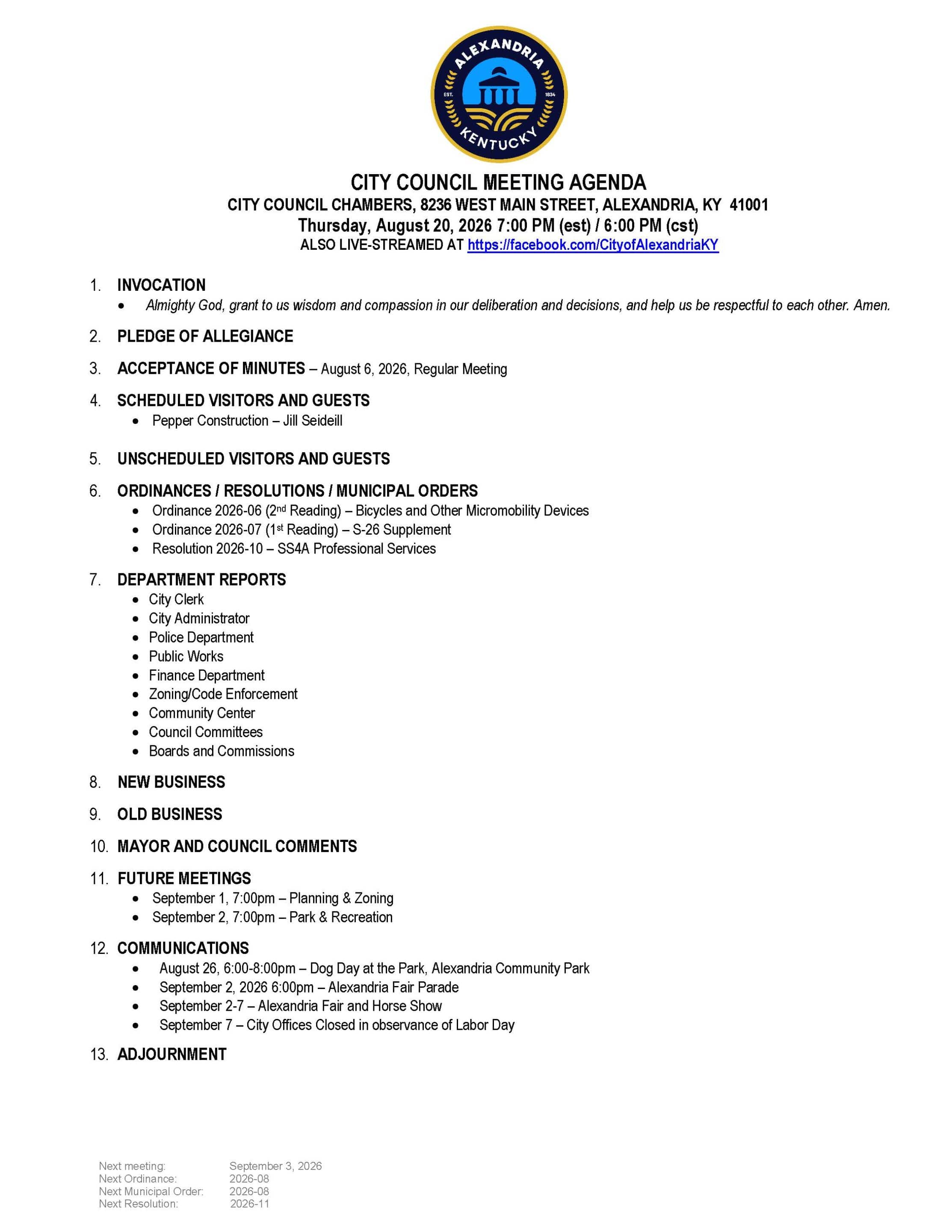 August 20, 2026 Council Agenda