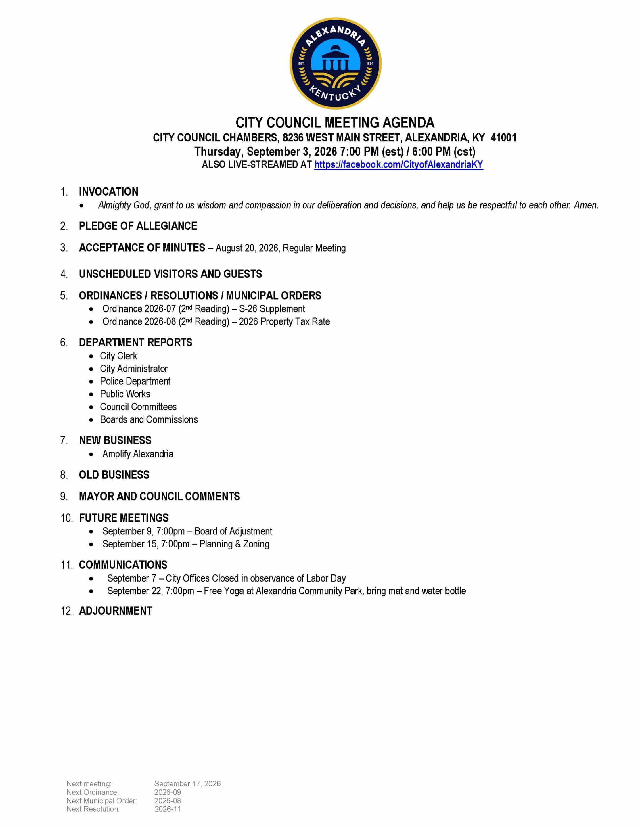 September 3, 2026 Council Meeting Agenda