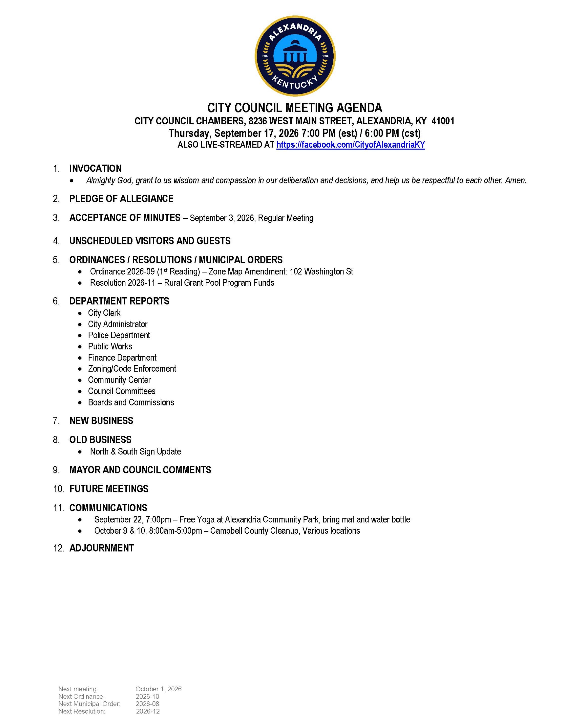 September 17, 2026 City Council Agenda