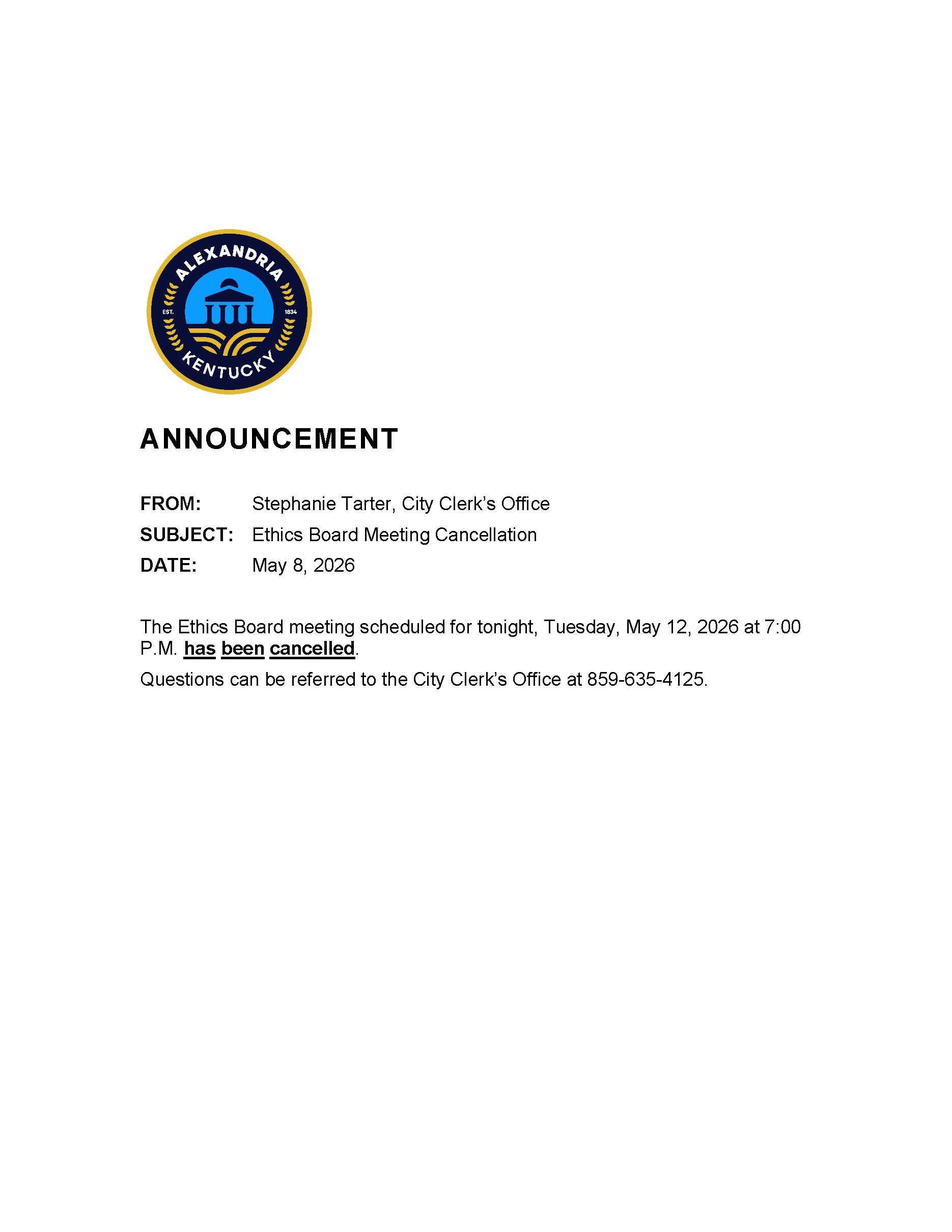 May 12 Board of Ethics Meeting Cancellation Notice