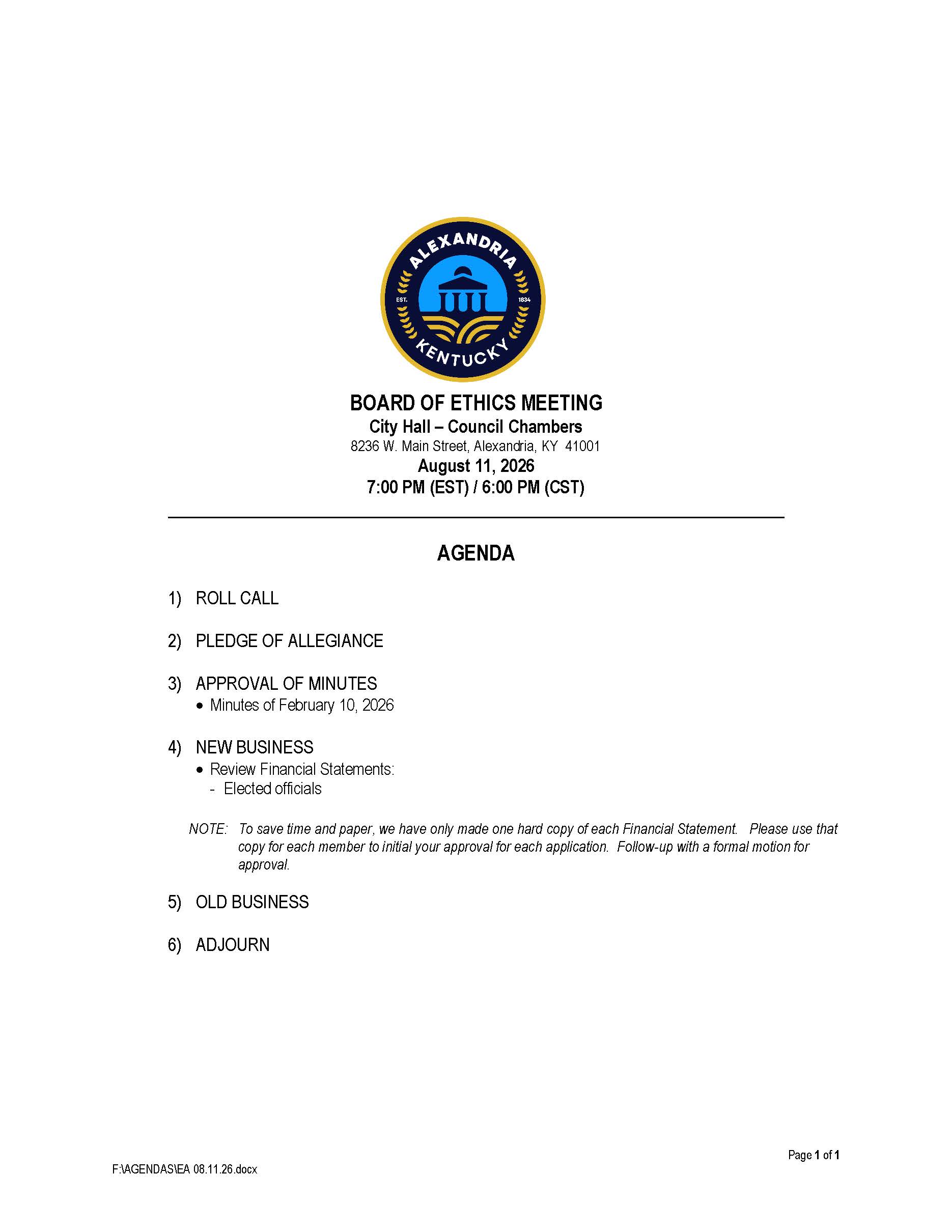 August 11, 2026 Board of Ethics Agenda