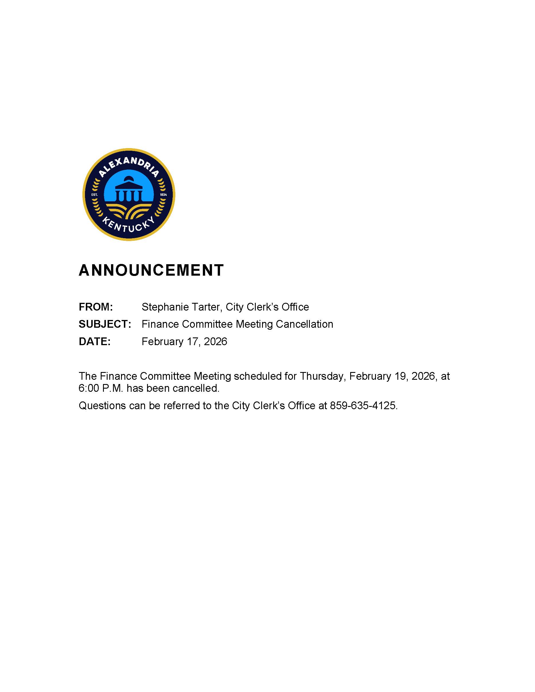 Thursday, February 19 Finance Committee Meeting Cancelled