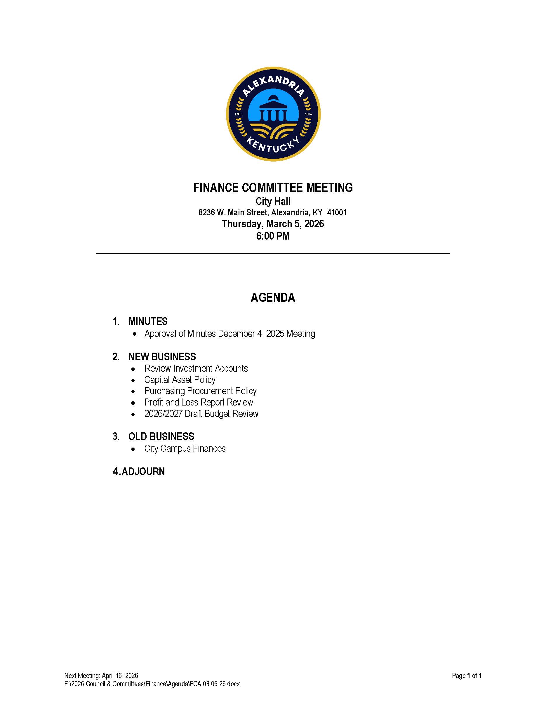 March 5, 2026 Finance Committee Meeting