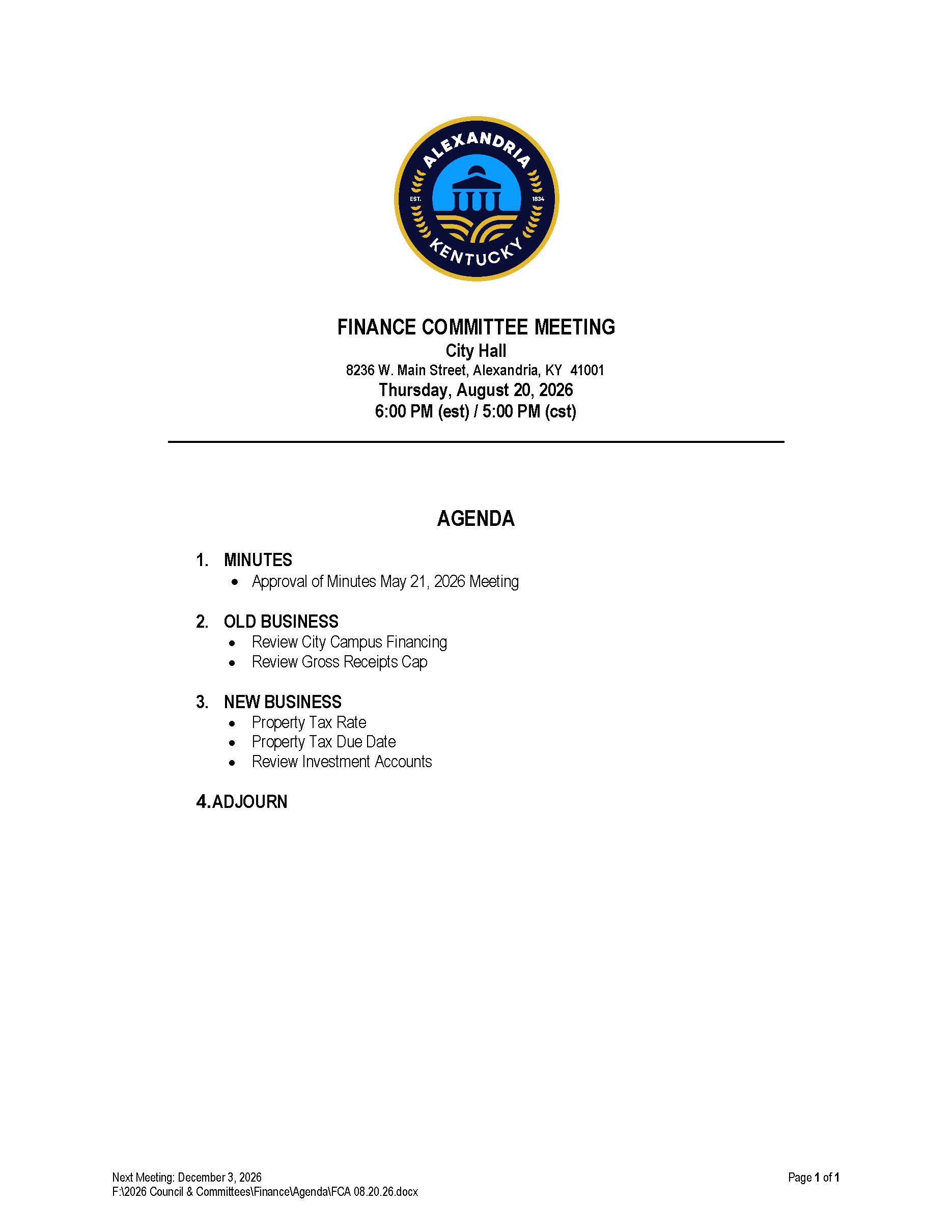 August 20, 2026 Finance Committee Agenda