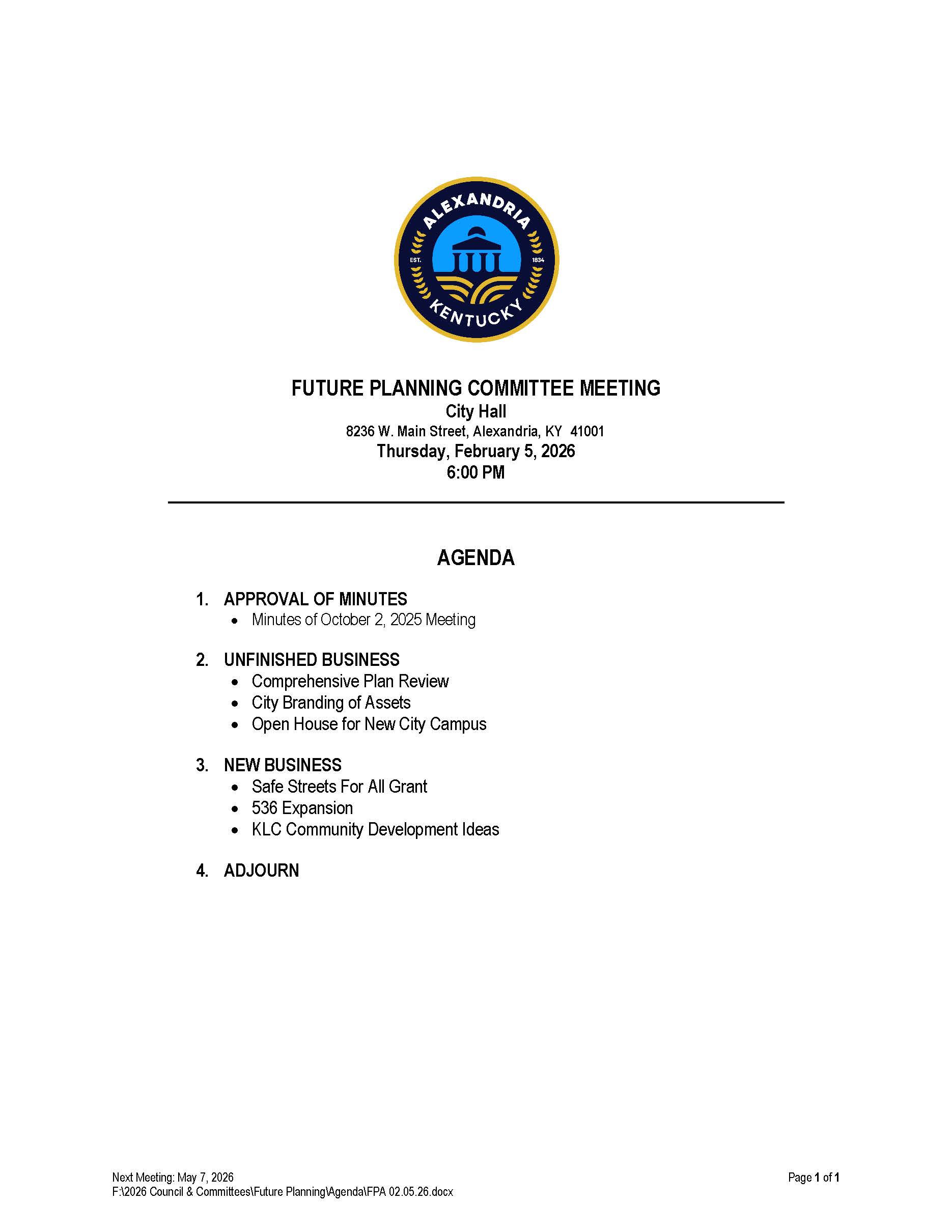 February 5, 2026 Future Planning Committee Agenda