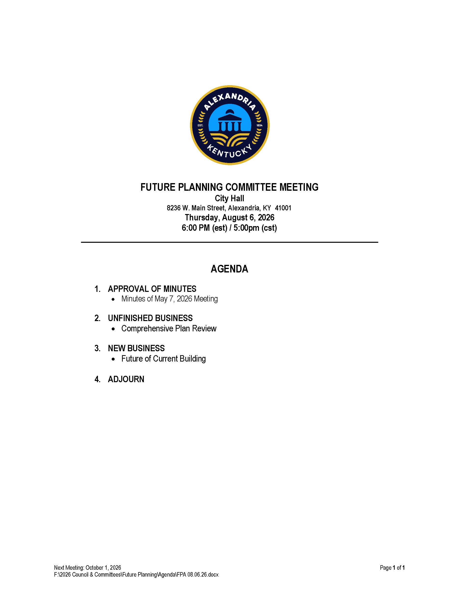 August 6, 2026 Future Planning Agenda
