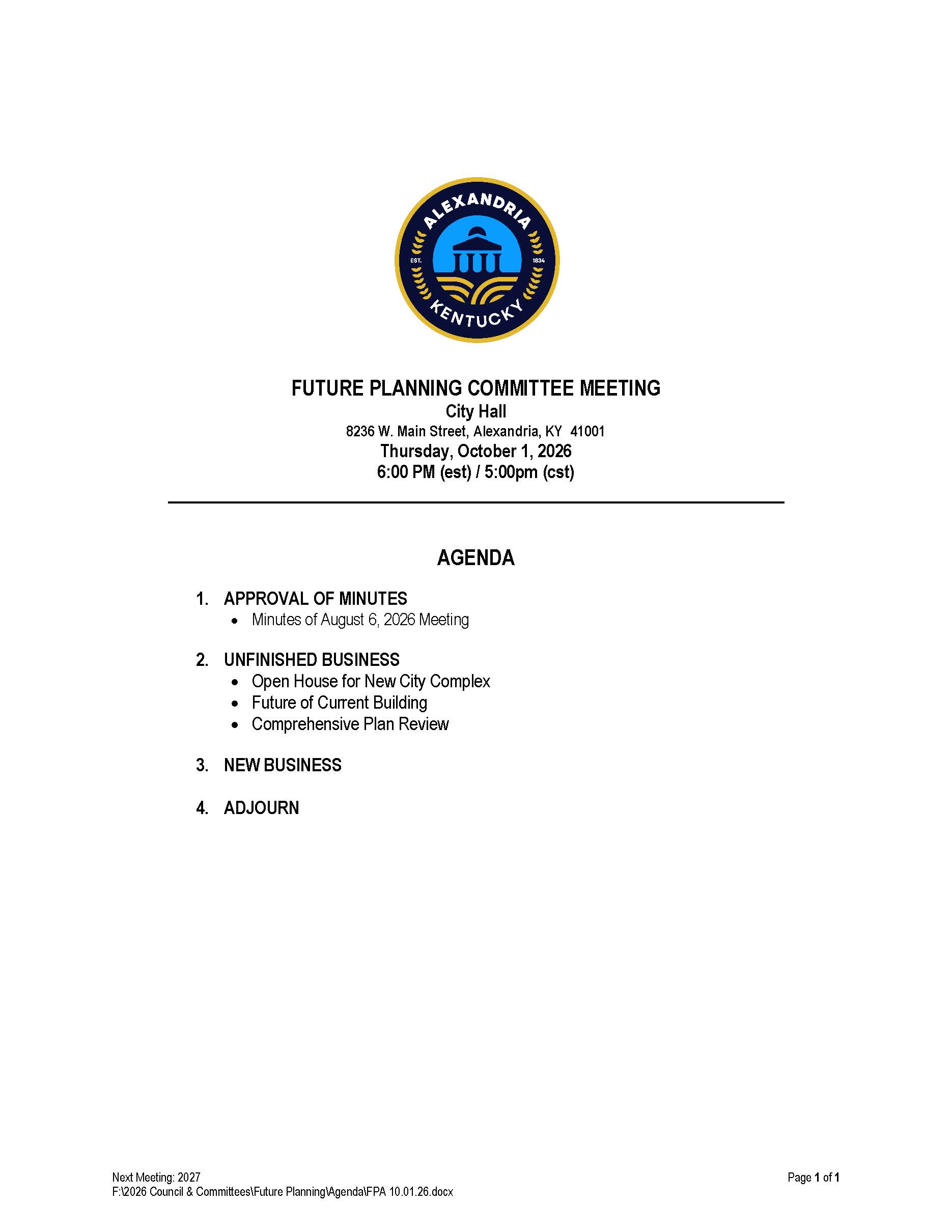 October 1, 2026 Future Planning Agenda