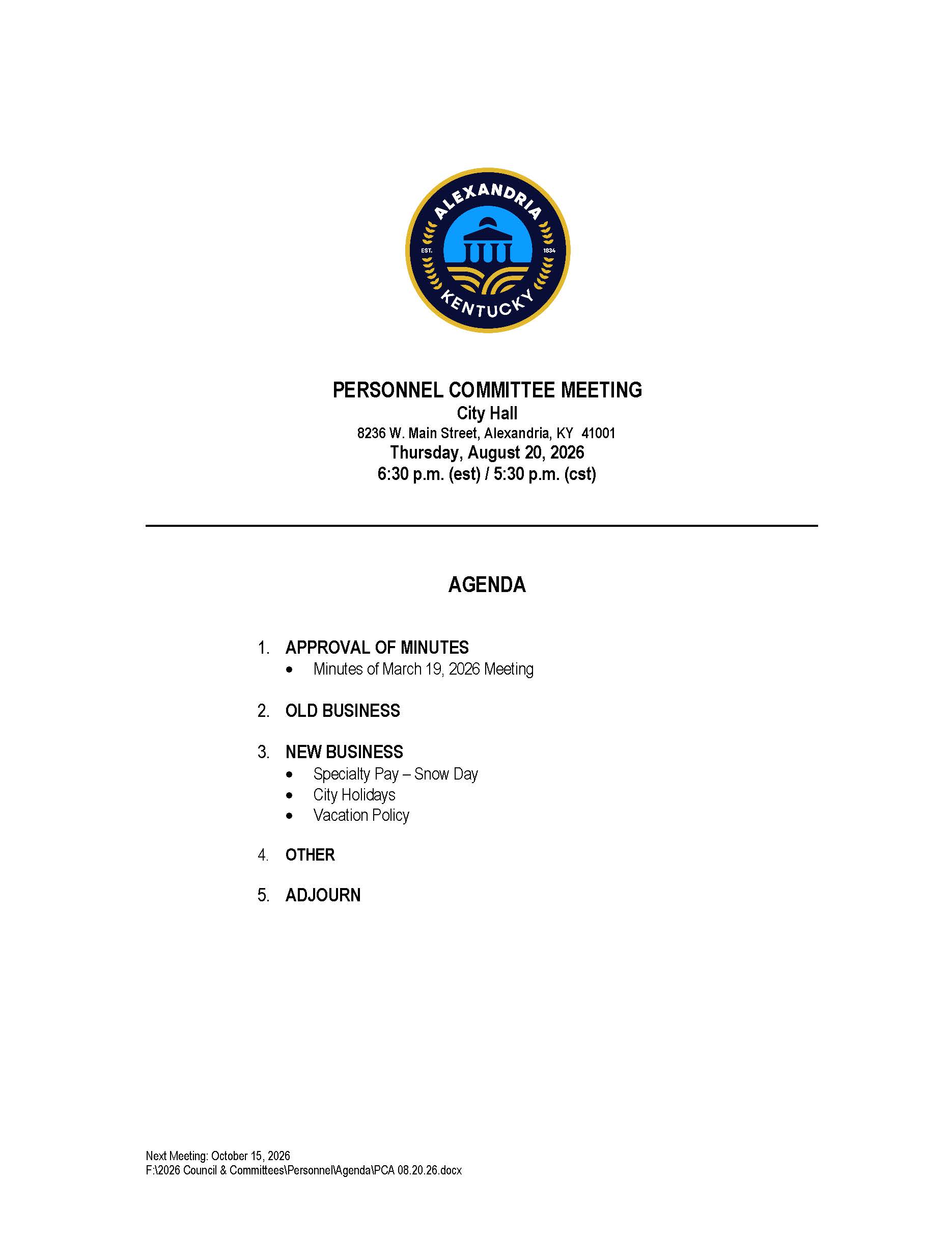 August 20, 2026 Personnel Committee Agenda