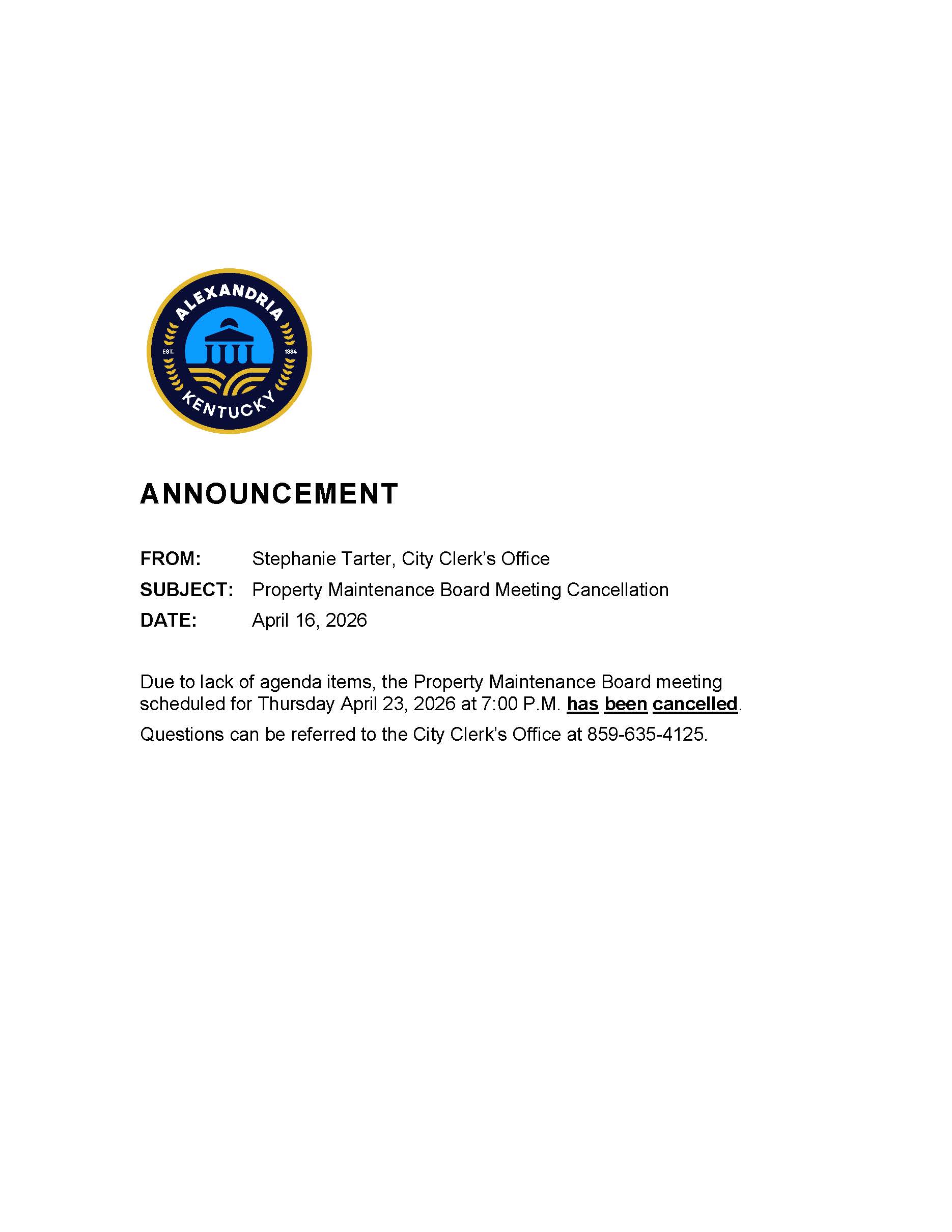 April 23, 2026 Property Maintenance Board of Appeals Cancellation Notice