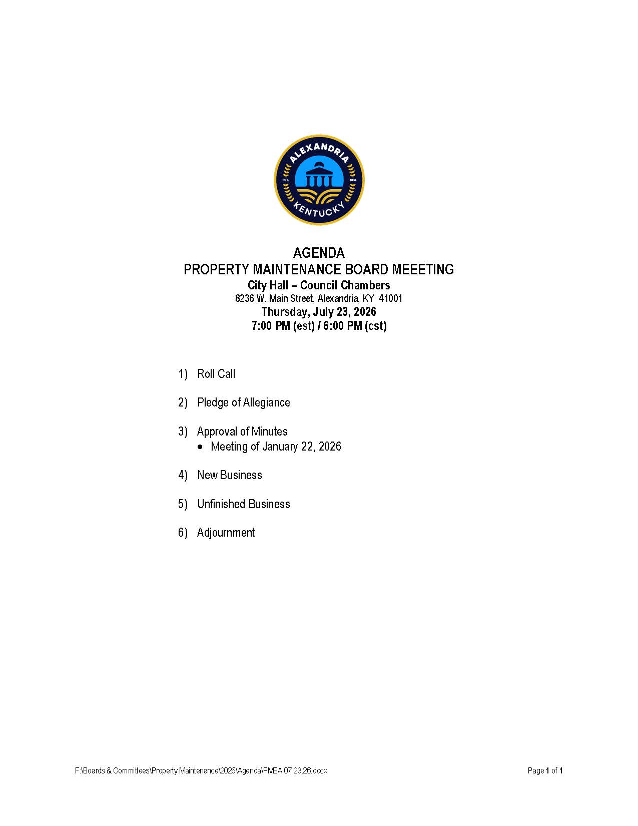 July 23, 2026, Property Maintenance Board of Appeals Agenda