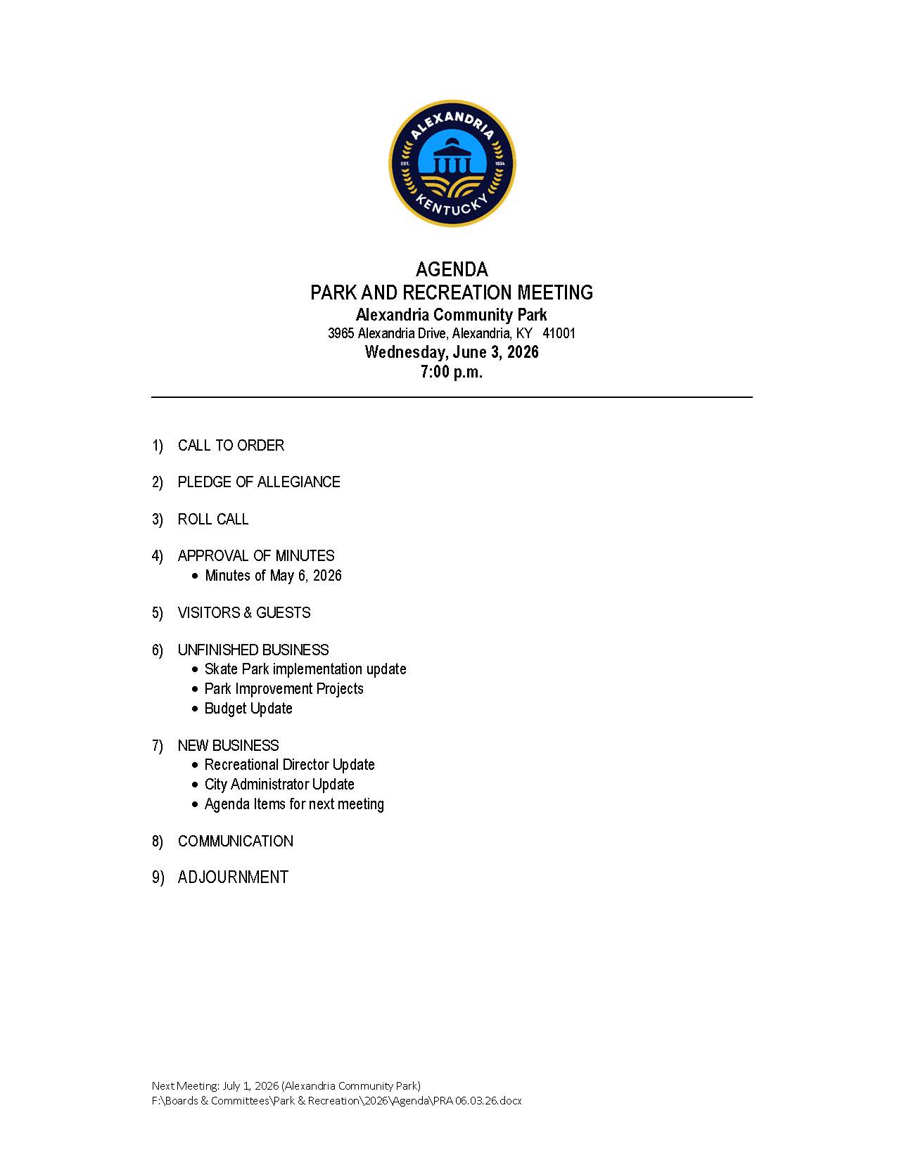June 3, 2026 Park & Recreation Agenda