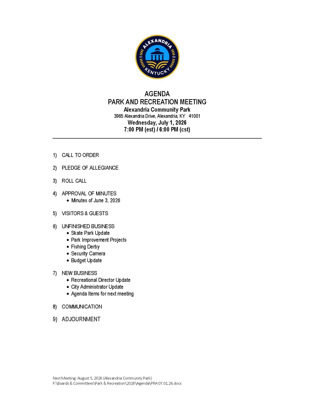 July 1, 2026, Park & Rec Agenda