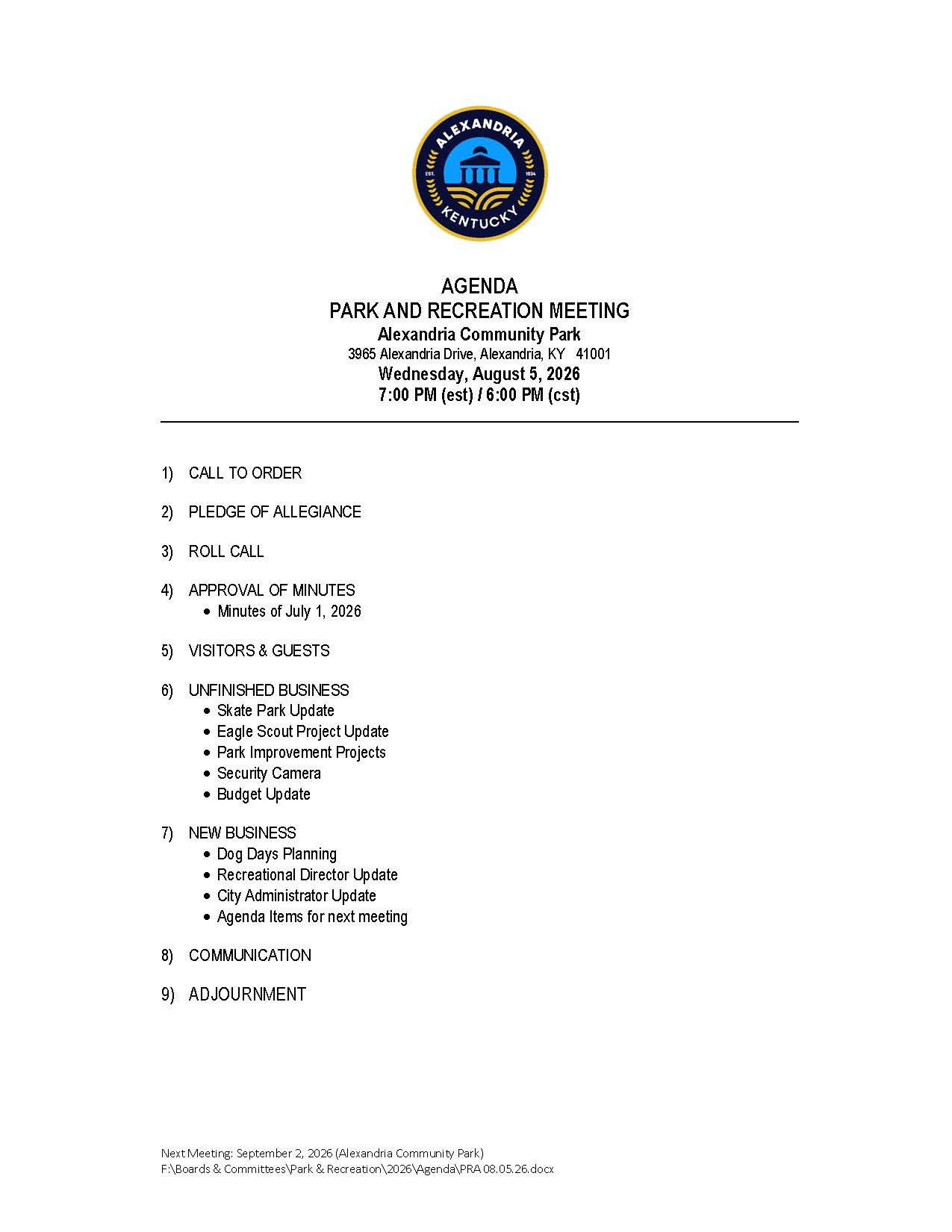 August 5, 2026 Park & Recreation Agenda