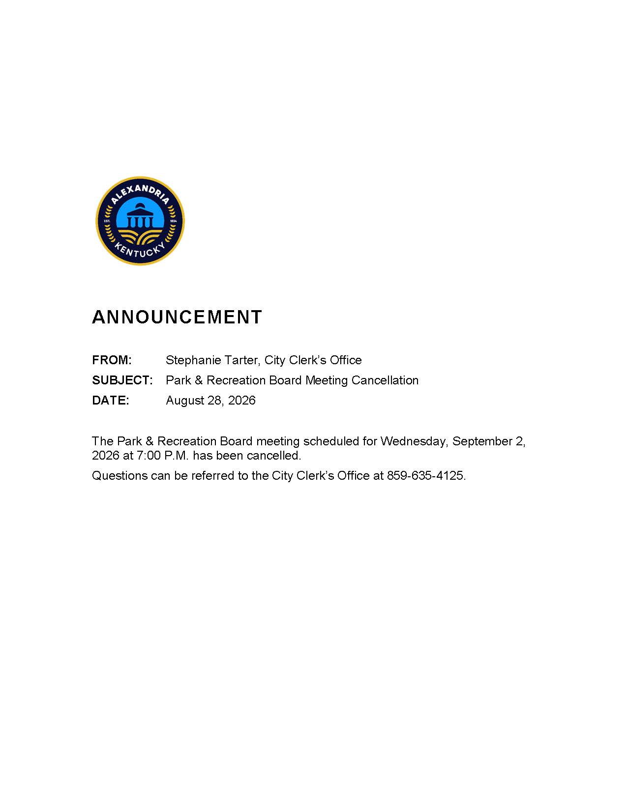 September 2, 2026 Park and Recreation Cancellation