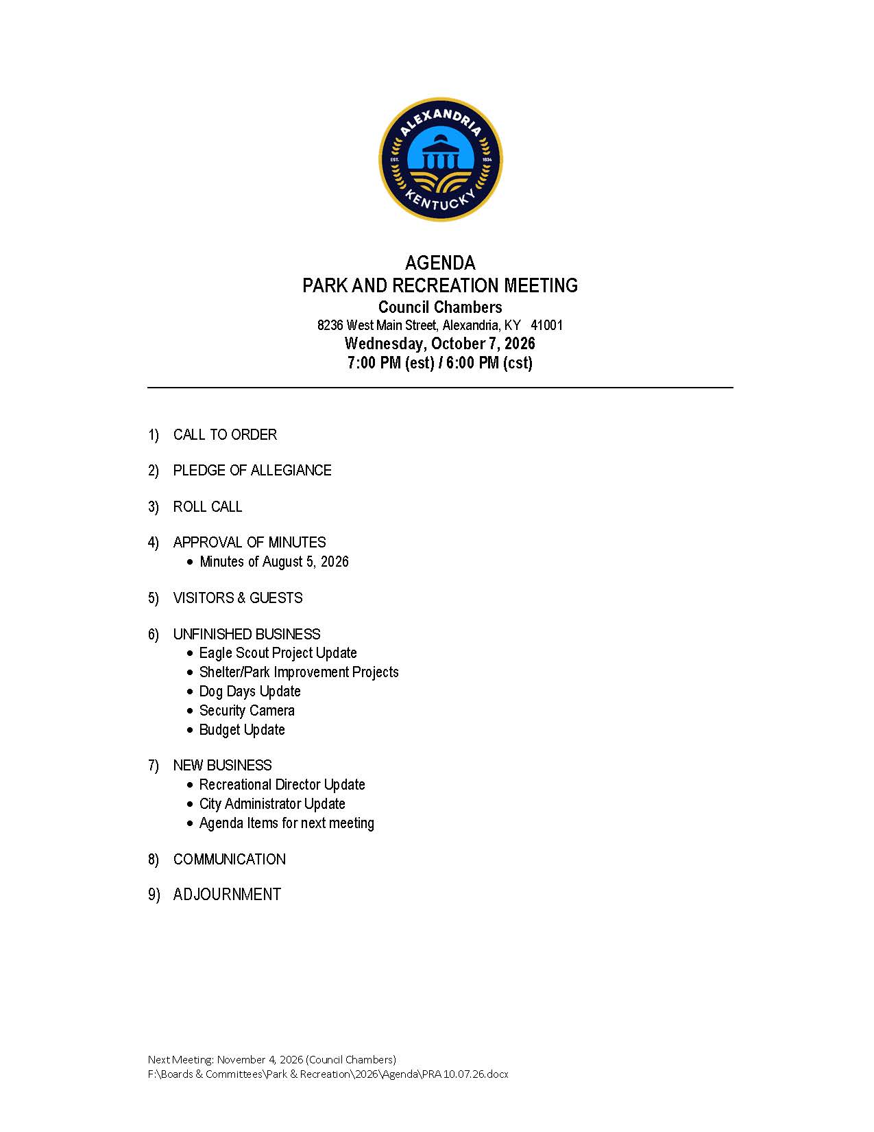 October 7 Park & Rec Agenda