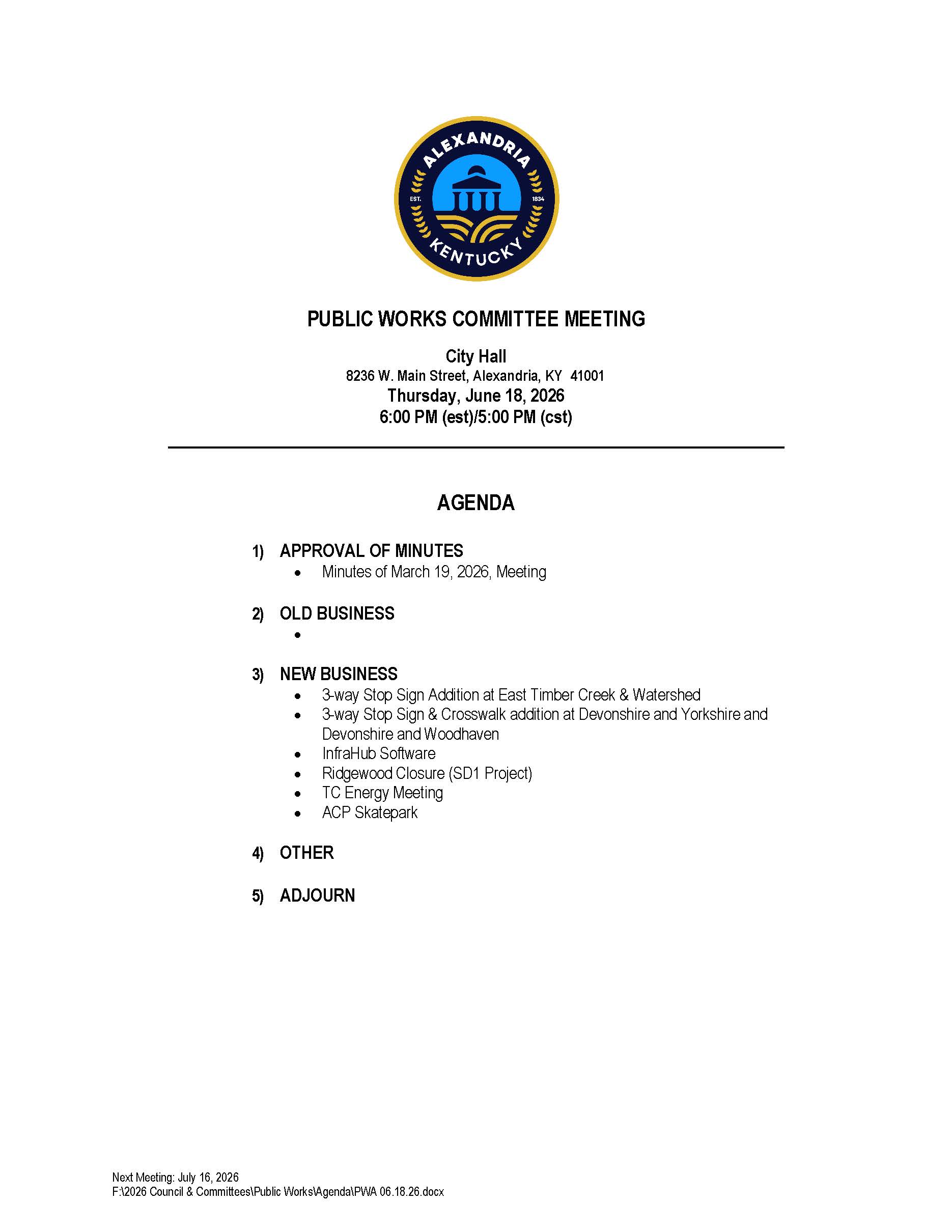 June 18, 2026 Public Works Agenda