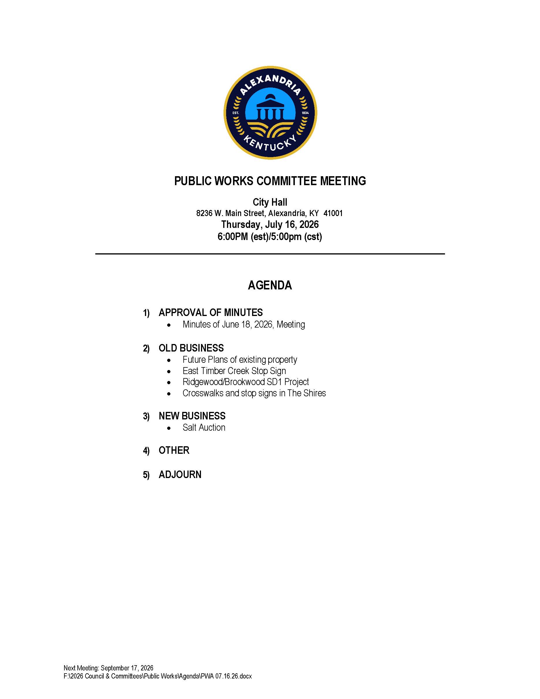 July 16, 2026 Public Works Committee Agenda