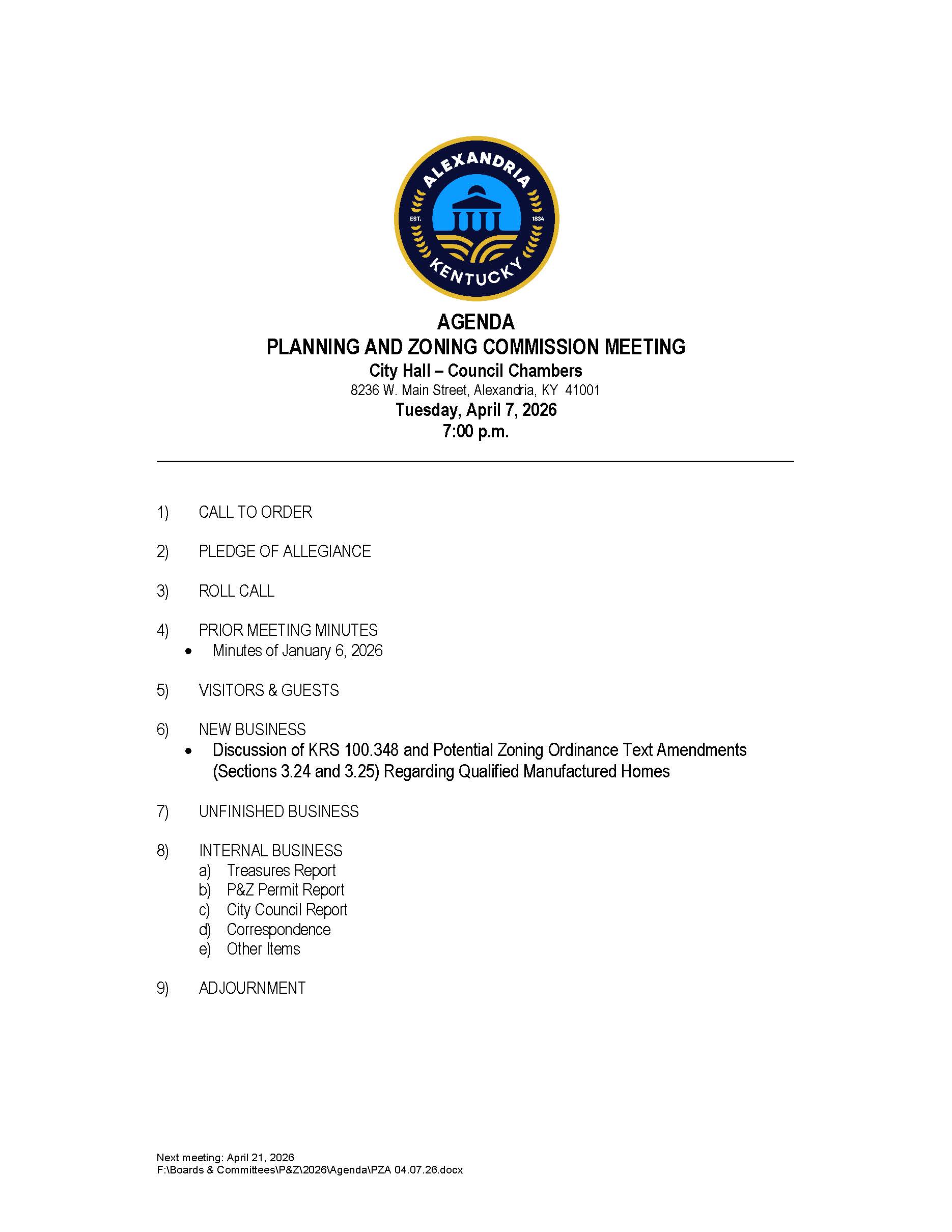 Image of April 7, 2026 Planning & Zoning Agenda