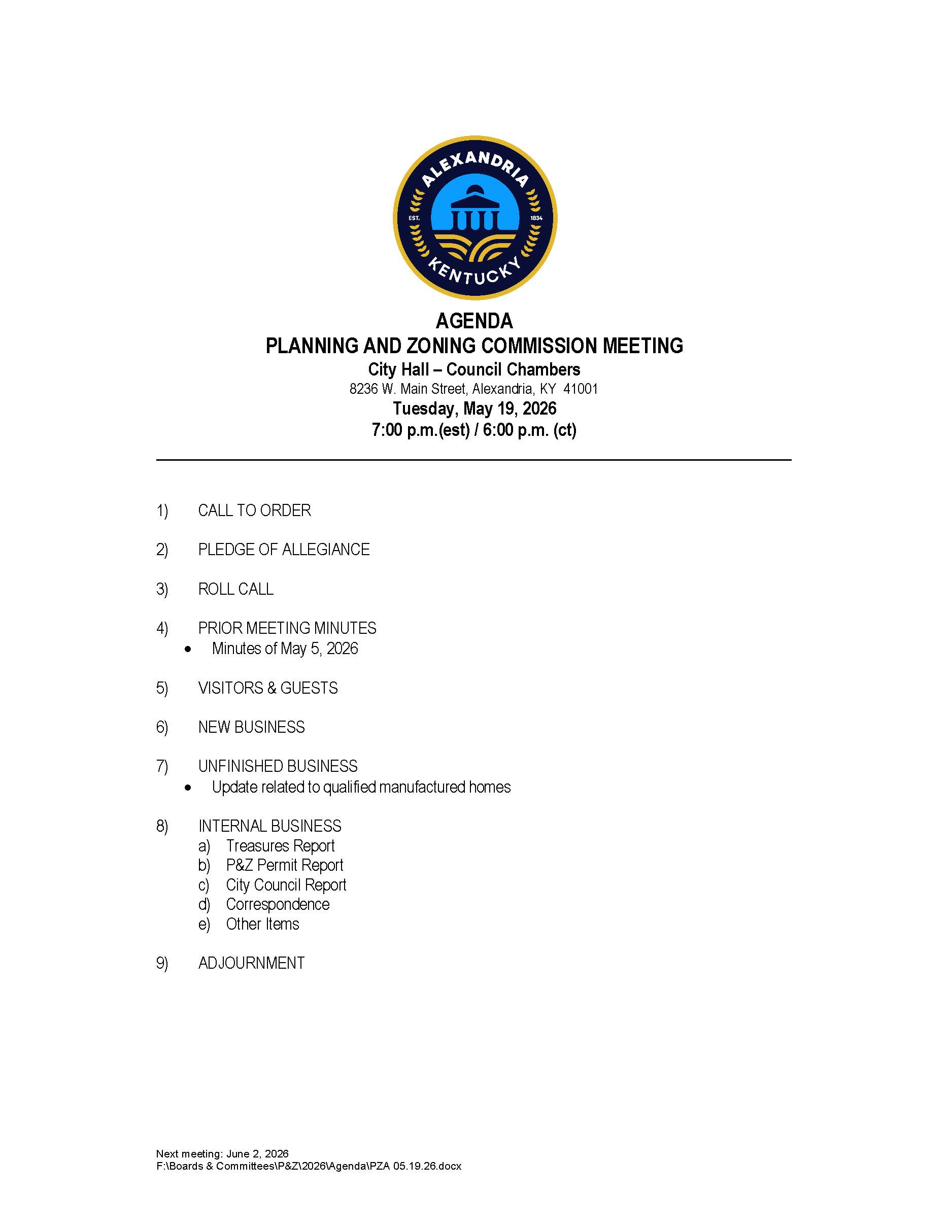 May 19, 2026 Planning & Zoning Agenda