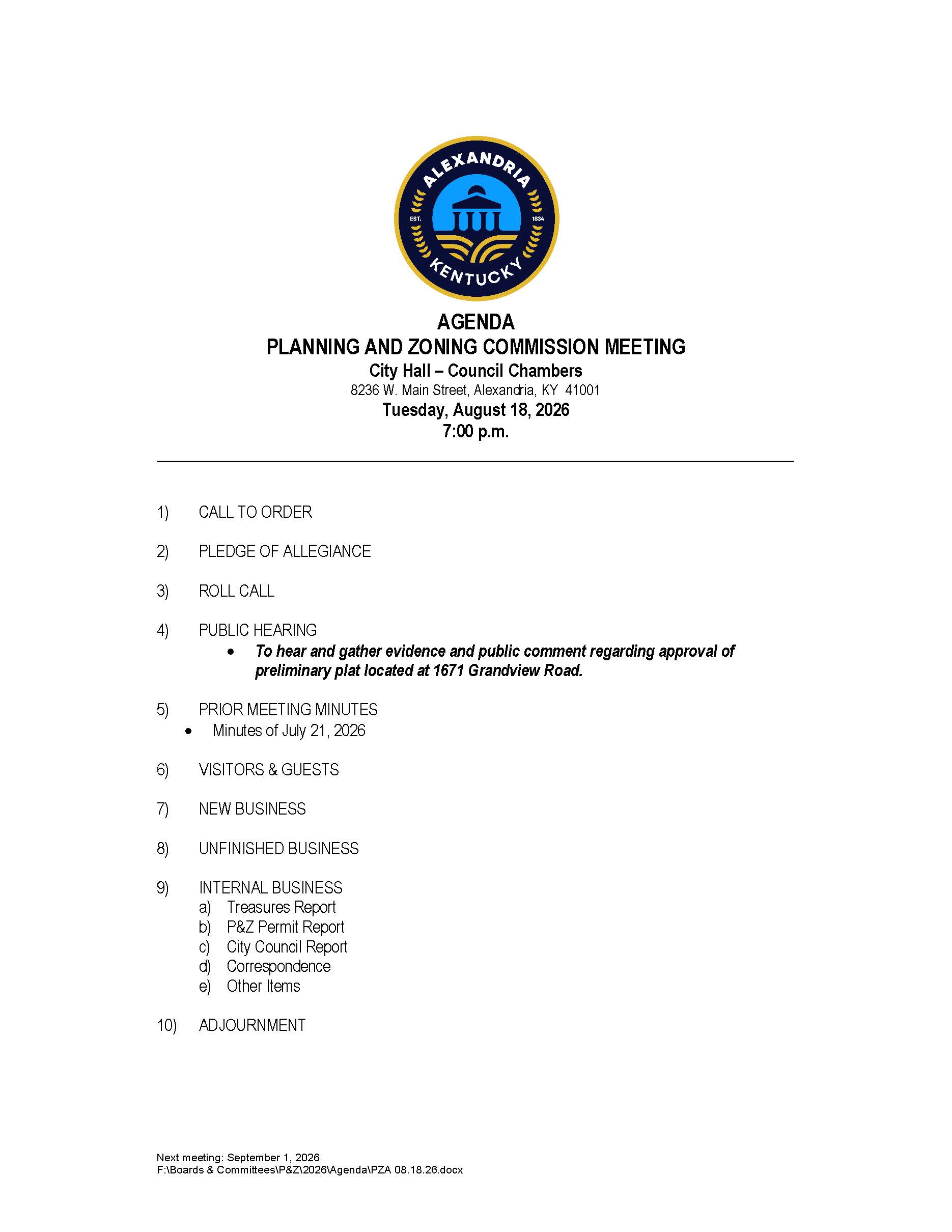 August 18, 2026 Planning & Zoning Agenda