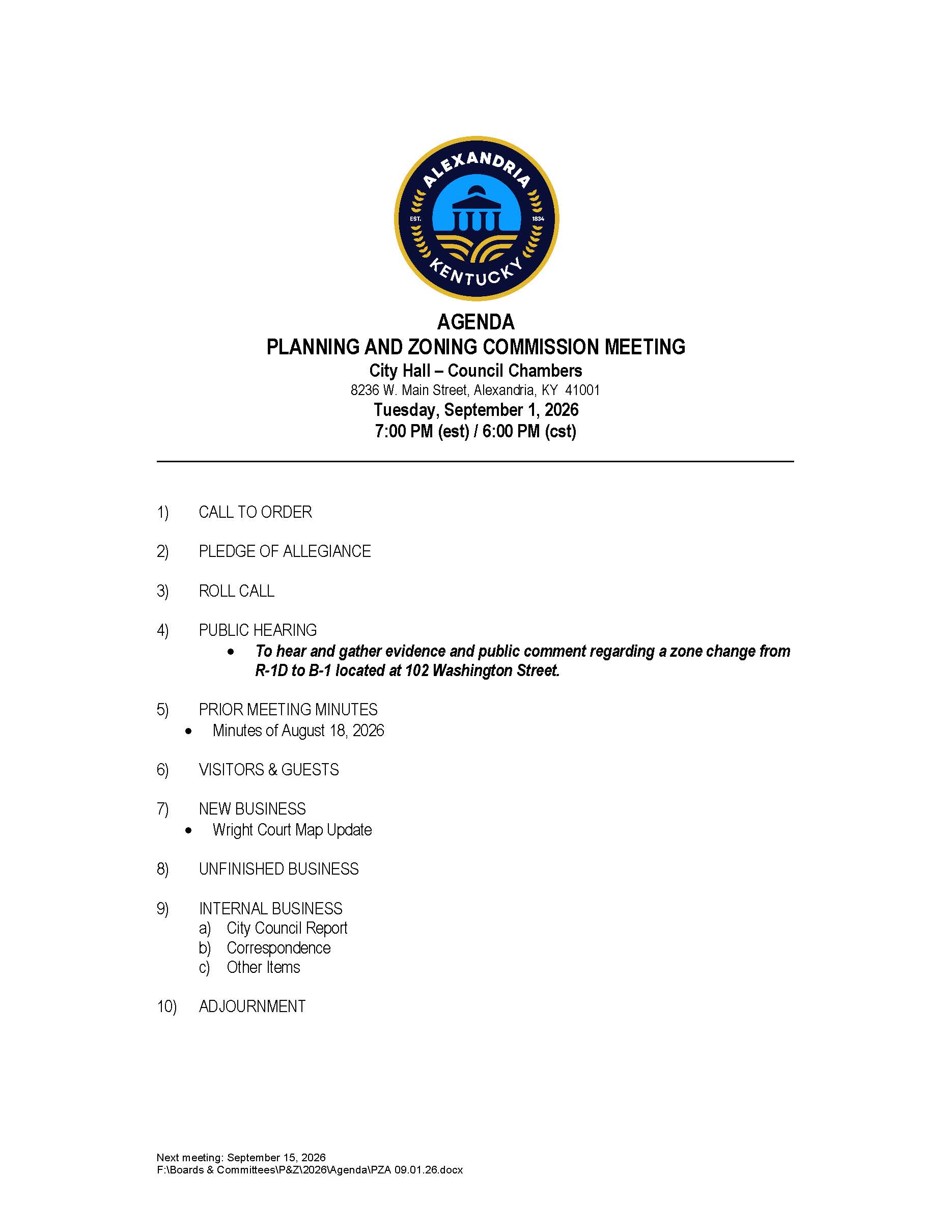 September 1, 2026 Planning & Zoning Agenda