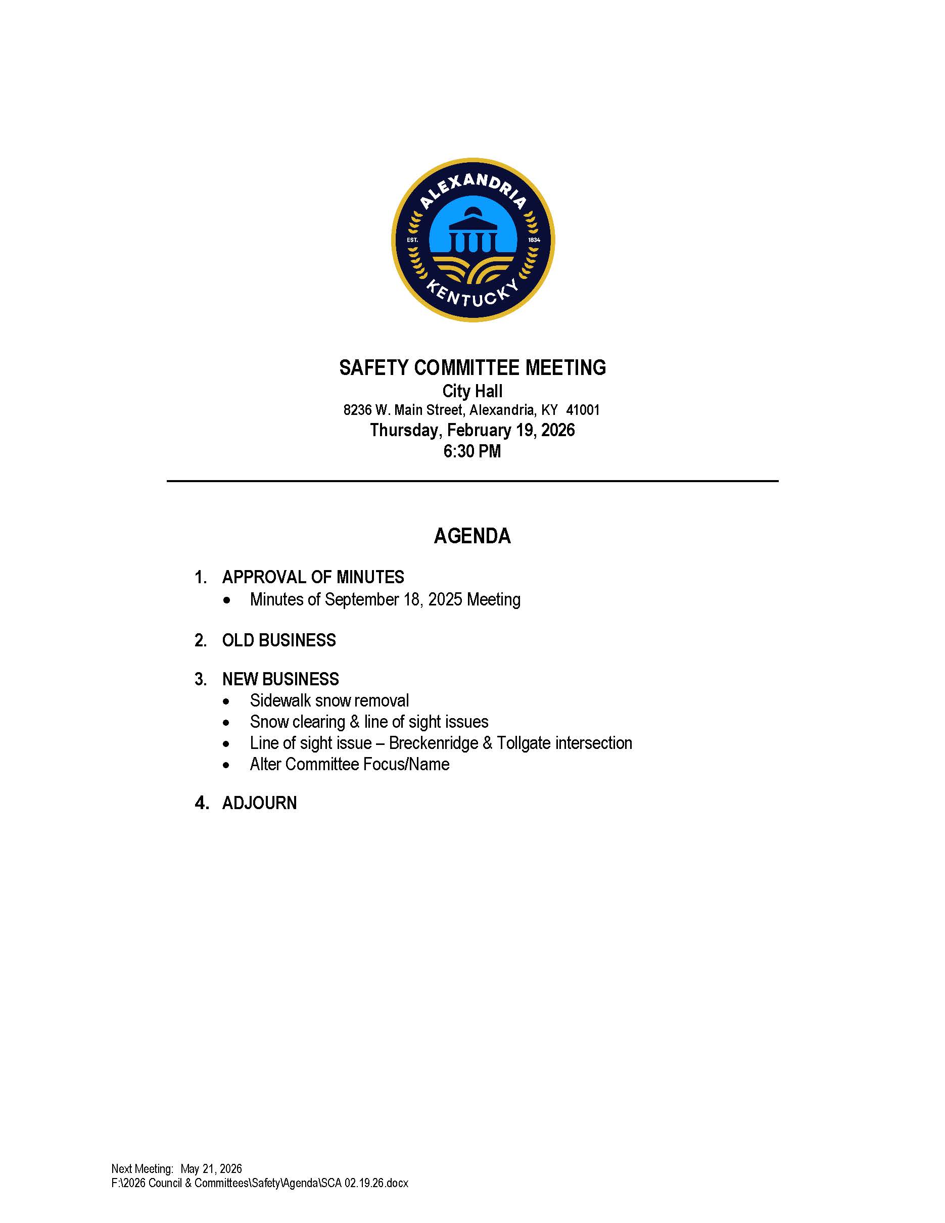 Thursday, February 19 Safety Committee Meeting Agenda