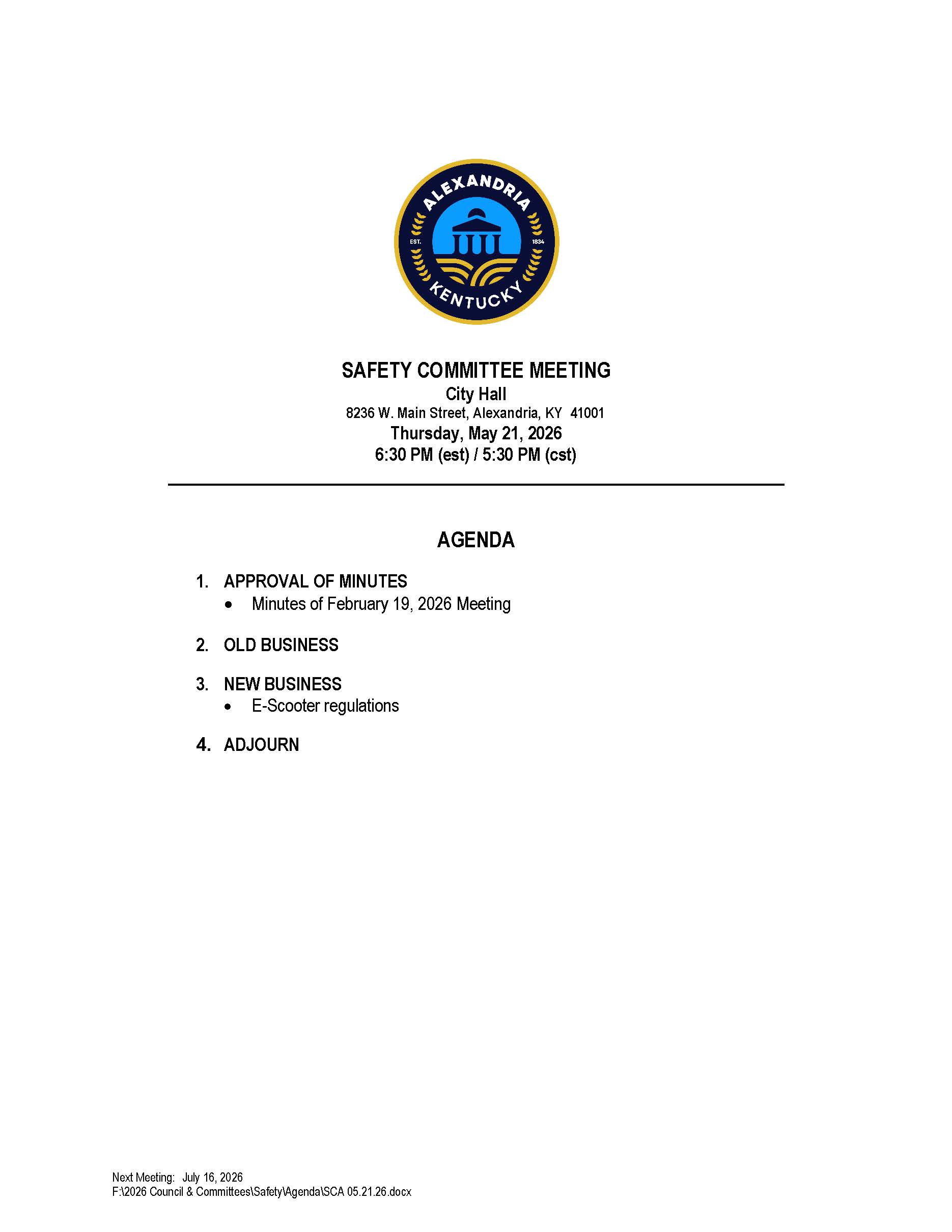 May 21, 2026 Safety Committee Meeting Agenda