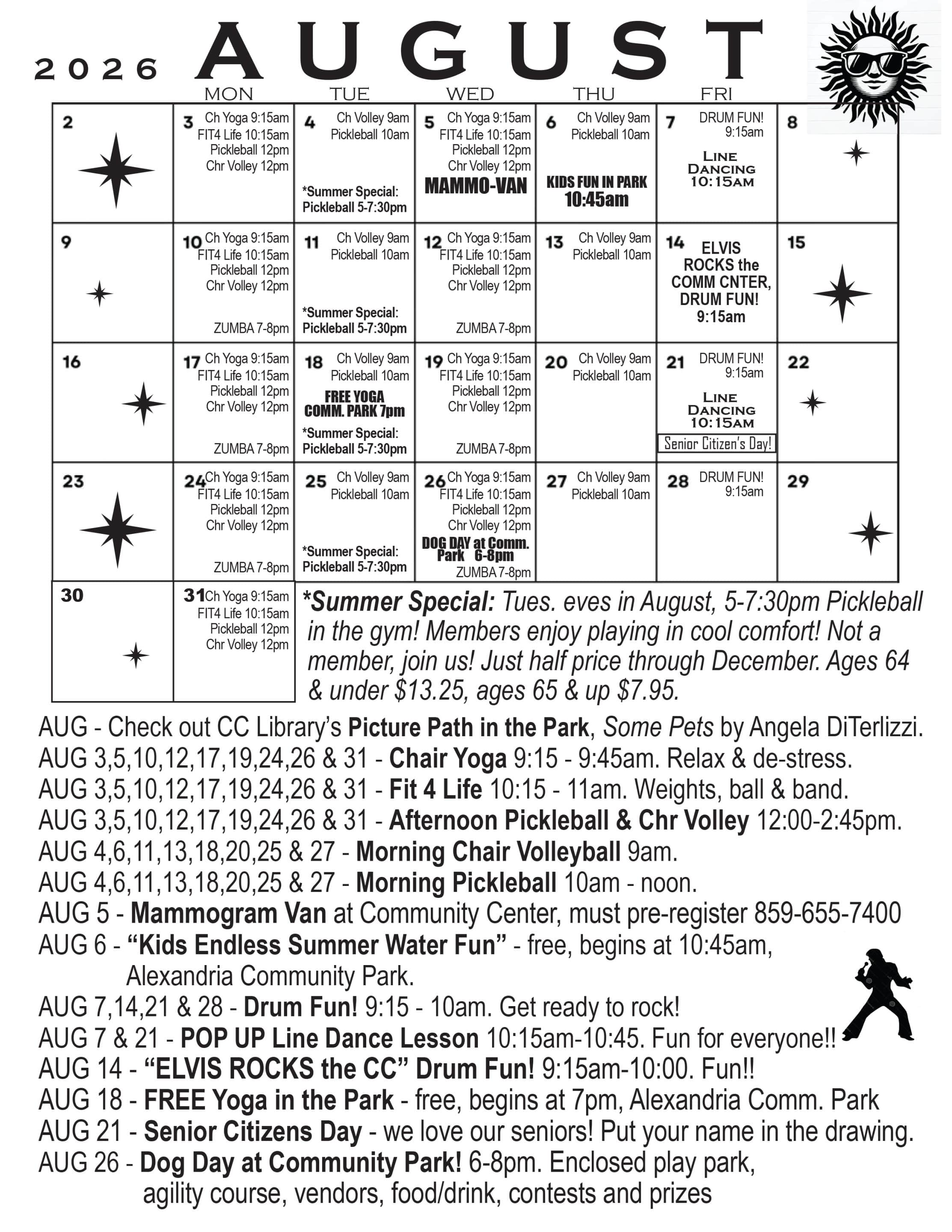 August 2026 Community Center Calendar