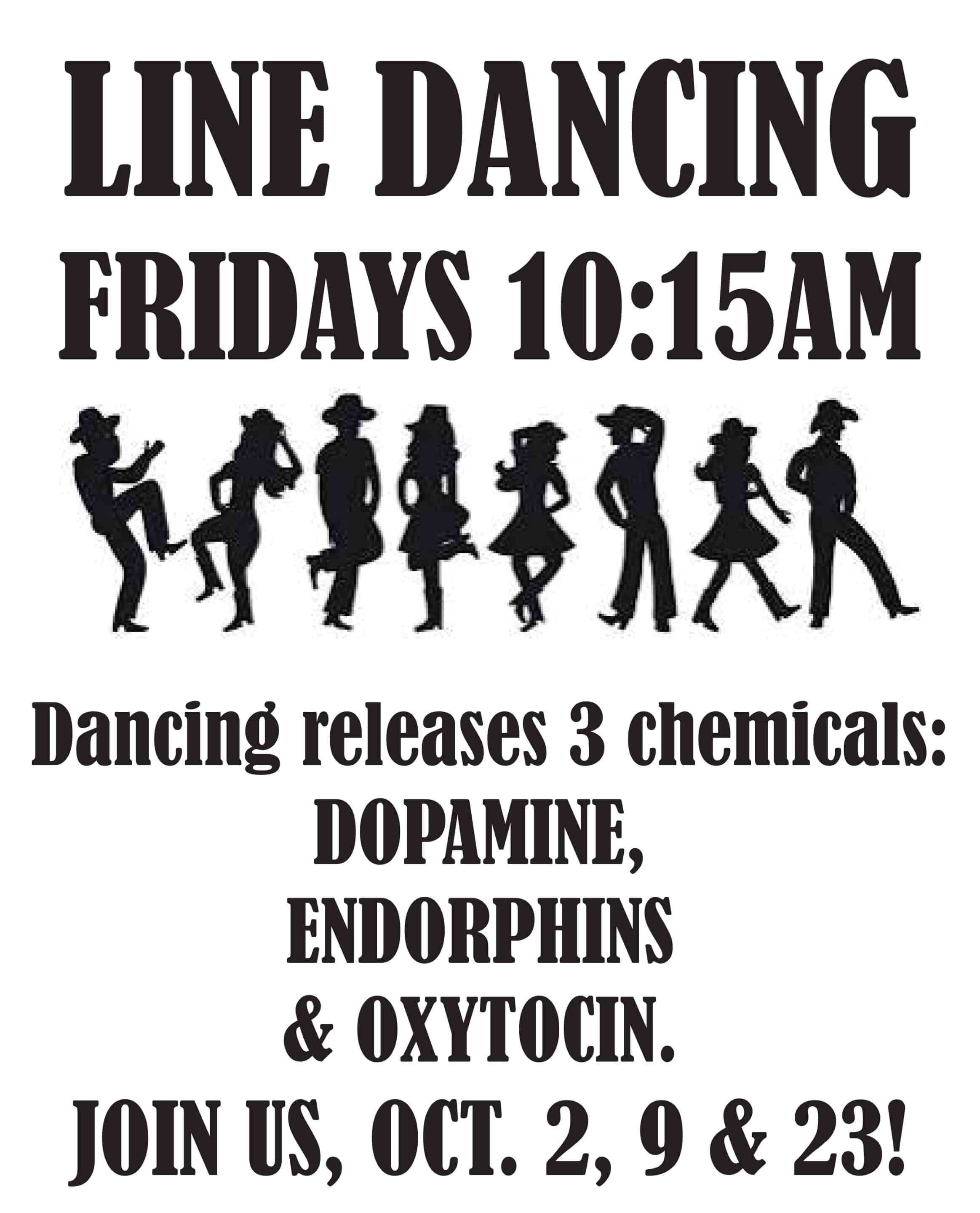 Pop Up Line Dance Lessons, October 2, 9 & 23 at 10:15am