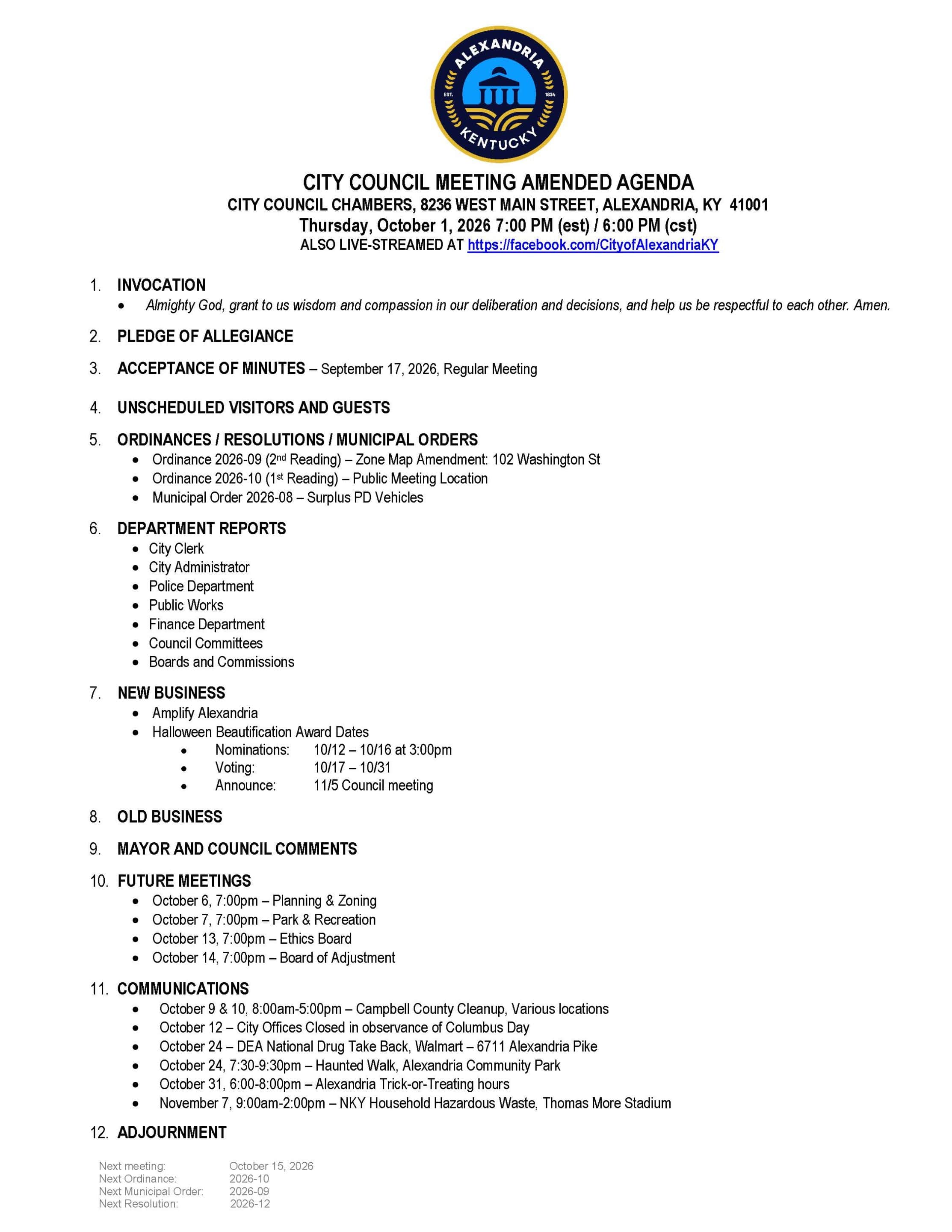 City Council Amended Agenda, October 1, 2026