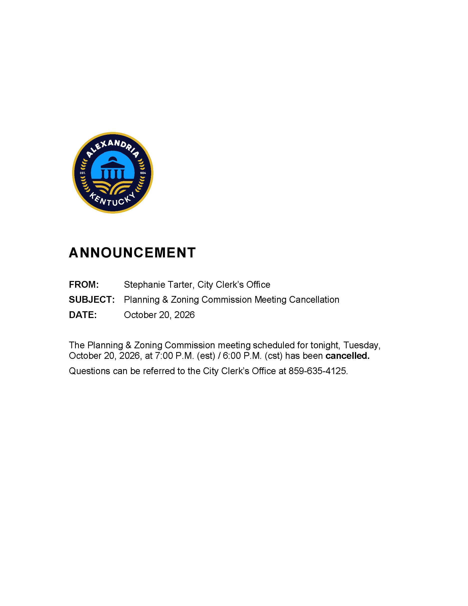 October 20, 2026 Planning & Zoning Cancellation